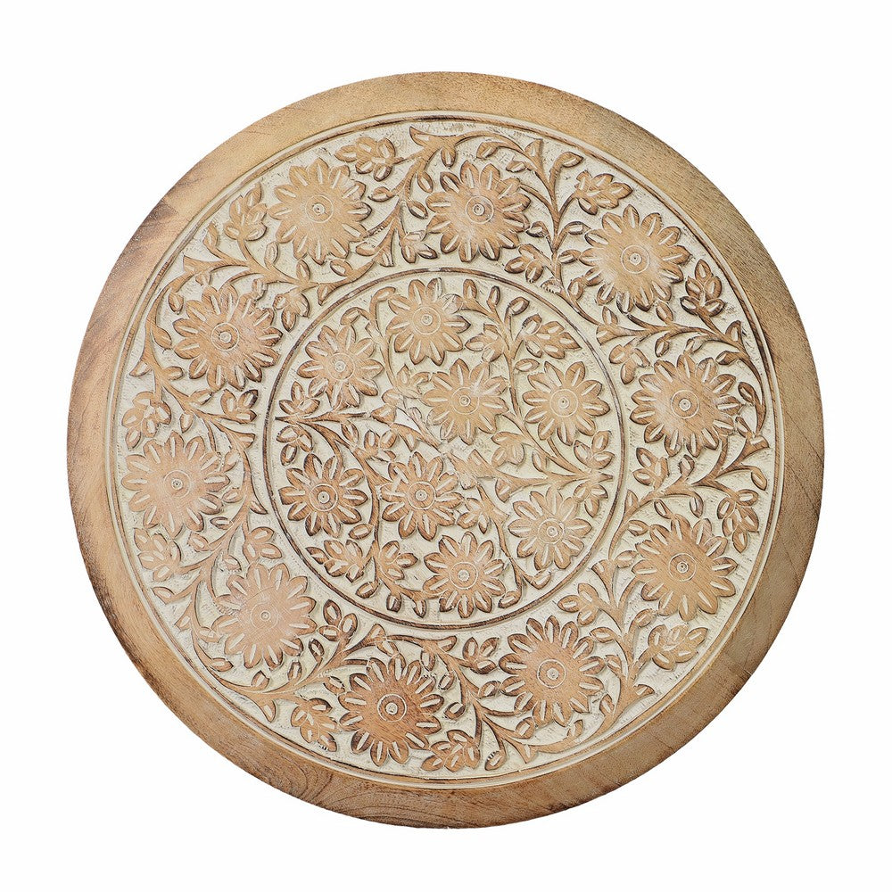 Intricately Carved Round Top Mango Wood Side End Table with Pedestal Base, Brown and White By The Urban Port