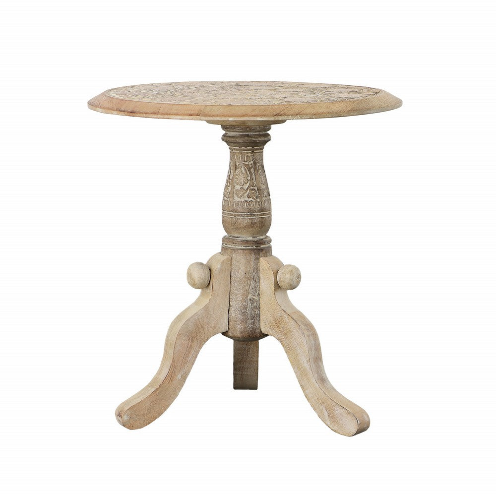 Intricately Carved Round Top Mango Wood Side End Table with Pedestal Base, Brown and White By The Urban Port