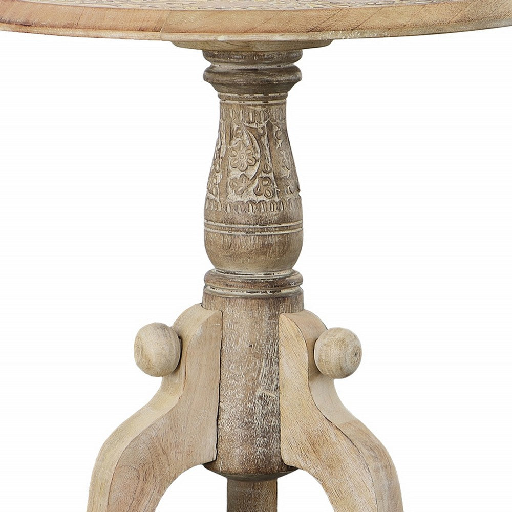 Intricately Carved Round Top Mango Wood Side End Table with Pedestal Base, Brown and White By The Urban Port