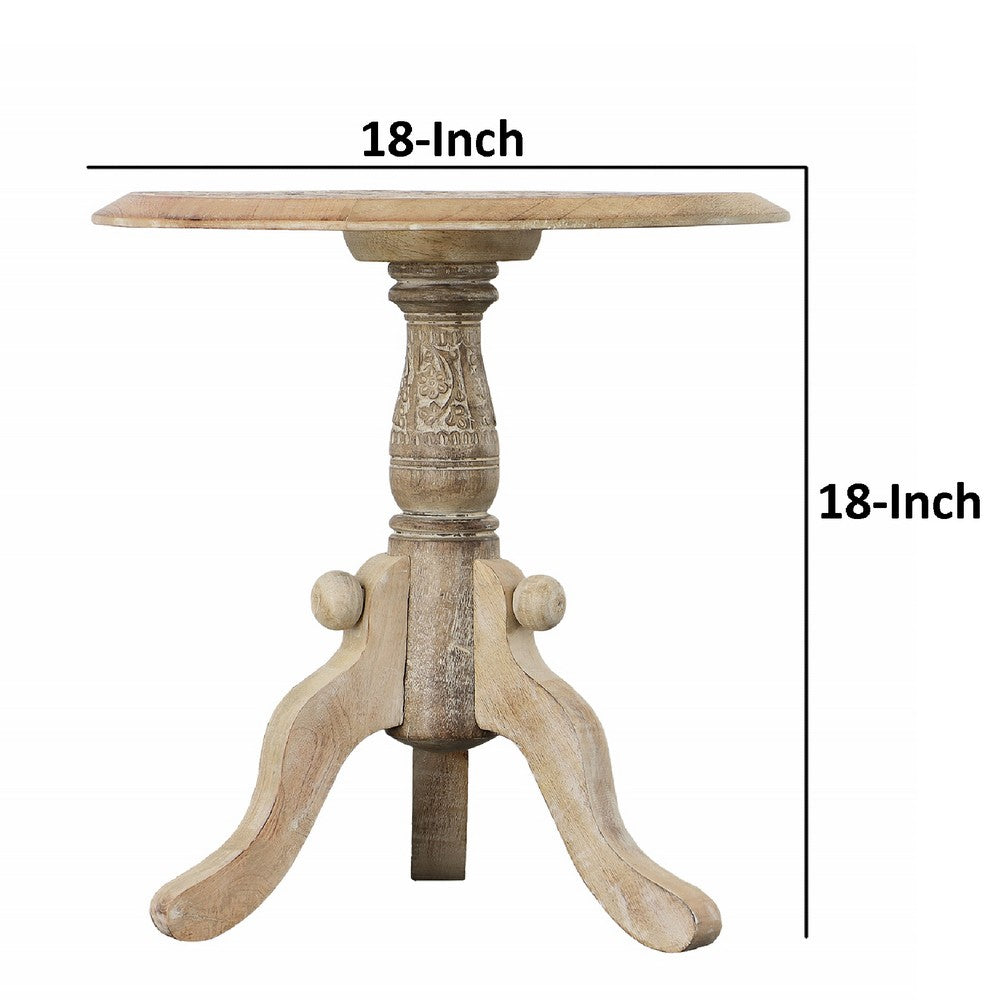 Intricately Carved Round Top Mango Wood Side End Table with Pedestal Base, Brown and White By The Urban Port