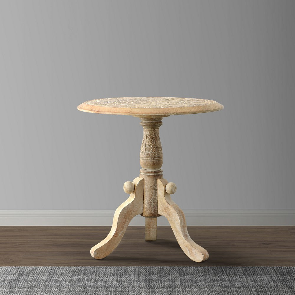 Intricately Carved Round Top Mango Wood Side End Table with Pedestal Base, Brown and White By The Urban Port