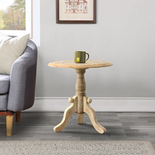 Intricately Carved Round Top Mango Wood Side End Table with Pedestal Base, Brown and White By The Urban Port