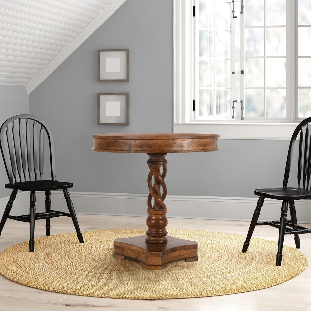 30" Handcrafted Round Mango Wood Dinette, Artisanal Twisted Pedestal Base, Walnut Brown By The Urban Port