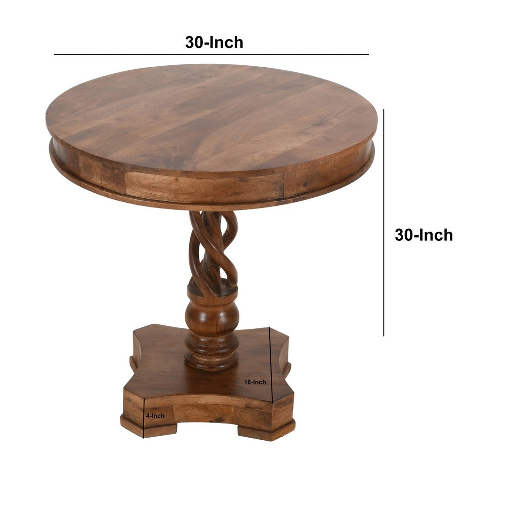 30" Handcrafted Round Mango Wood Dinette, Artisanal Twisted Pedestal Base, Walnut Brown By The Urban Port