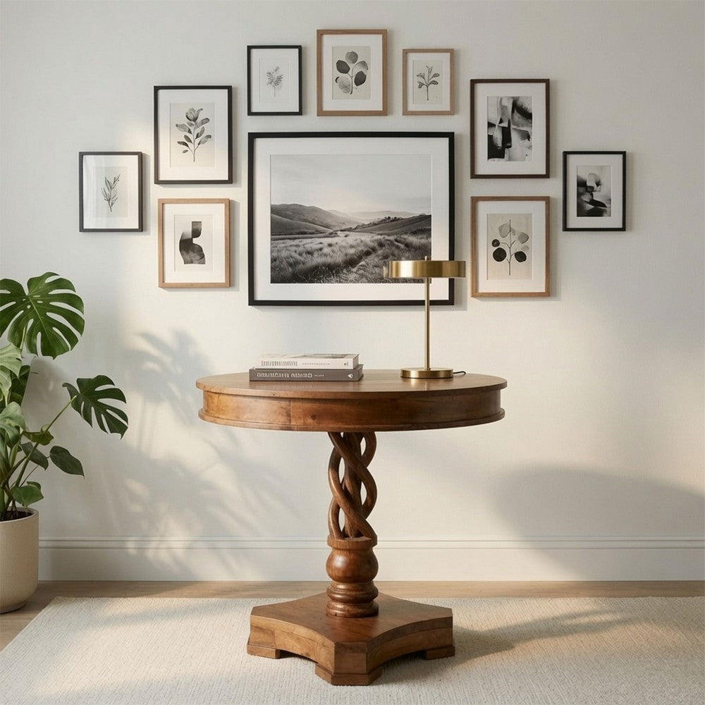 30" Handcrafted Round Mango Wood Dinette, Artisanal Twisted Pedestal Base, Walnut Brown By The Urban Port