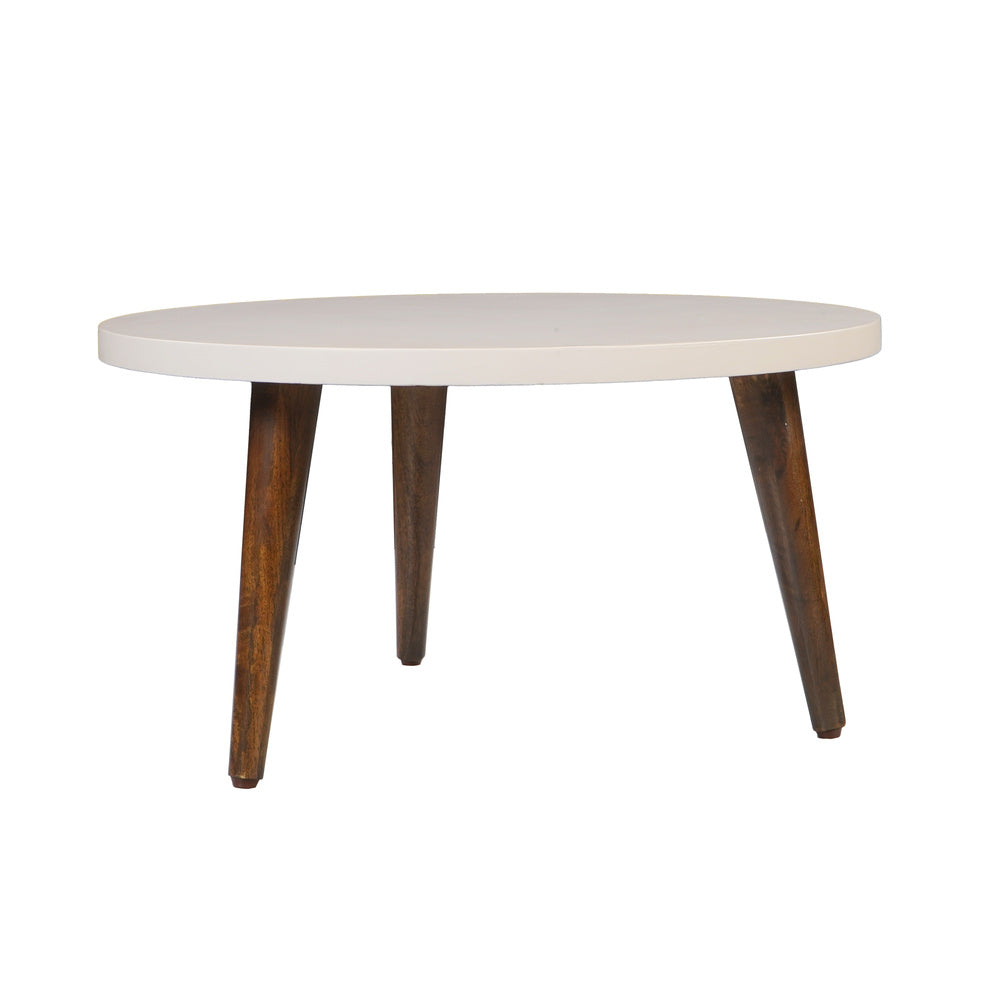 24" Modern Coffee Table, Round Off White MDF Top, Tapered Brown Mango Wood Legs By The Urban Port