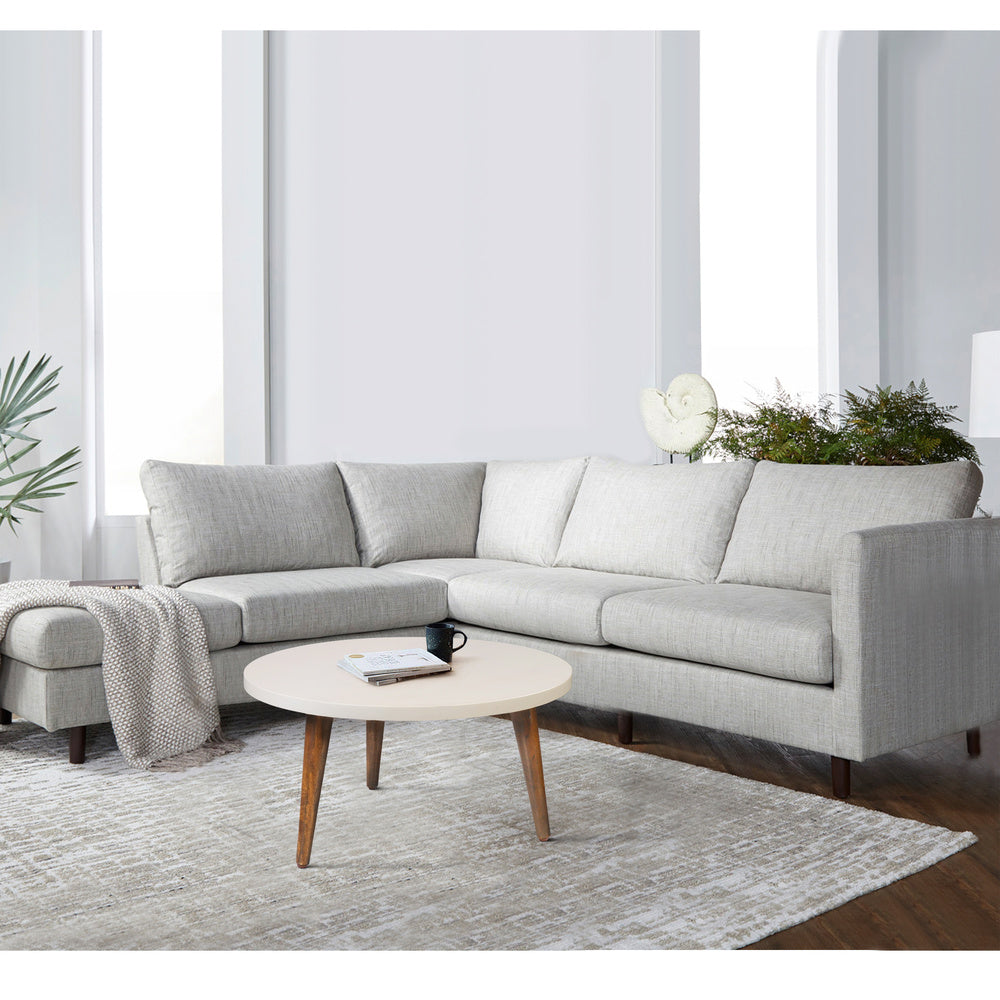 24" Modern Coffee Table, Round Off White MDF Top, Tapered Brown Mango Wood Legs By The Urban Port