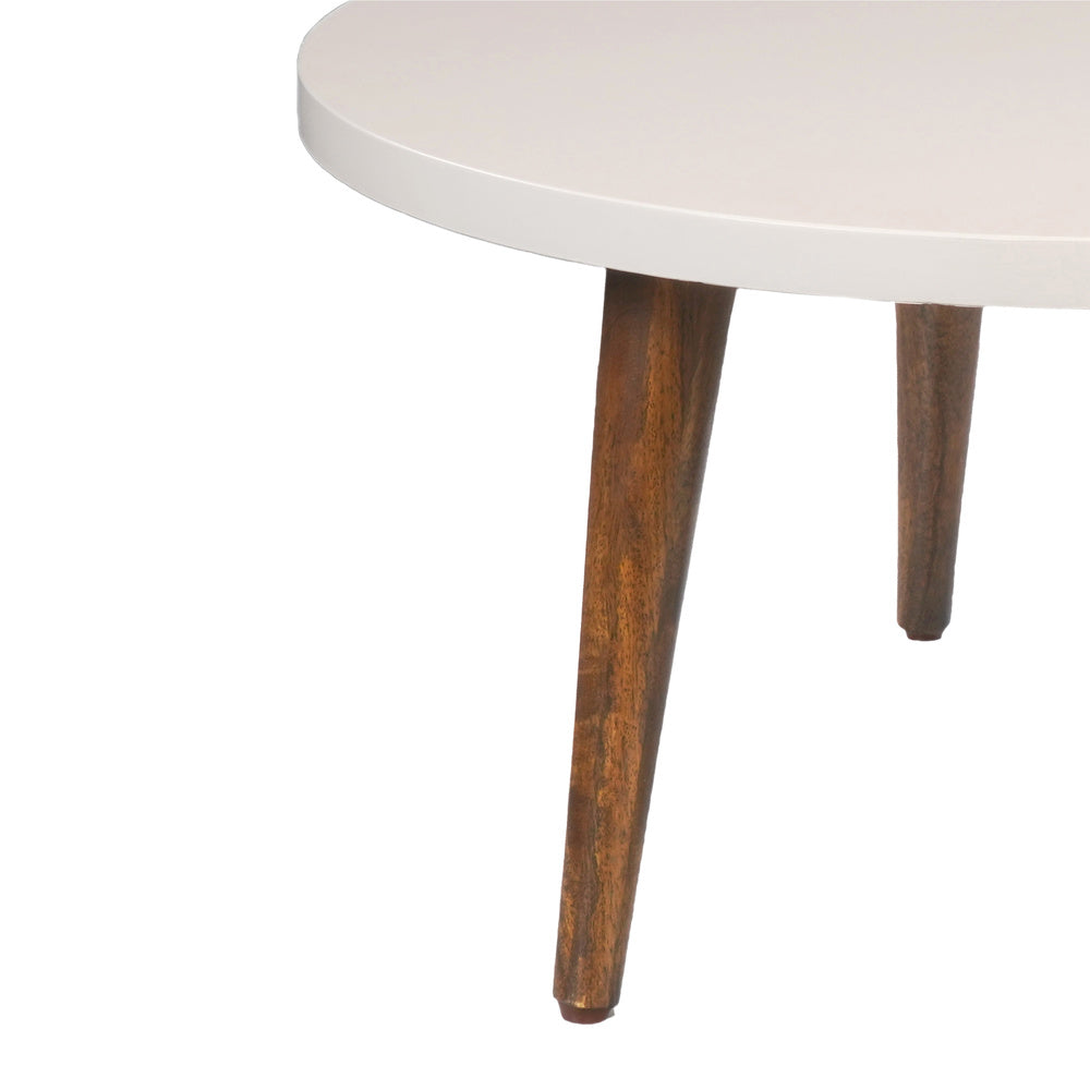24" Modern Coffee Table, Round Off White MDF Top, Tapered Brown Mango Wood Legs By The Urban Port