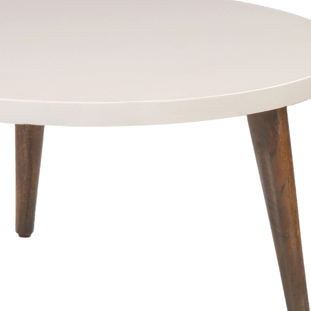 24" Modern Coffee Table, Round Off White MDF Top, Tapered Brown Mango Wood Legs By The Urban Port