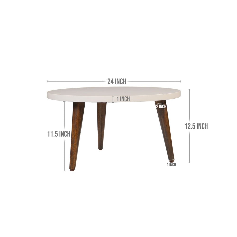 24" Modern Coffee Table, Round Off White MDF Top, Tapered Brown Mango Wood Legs By The Urban Port