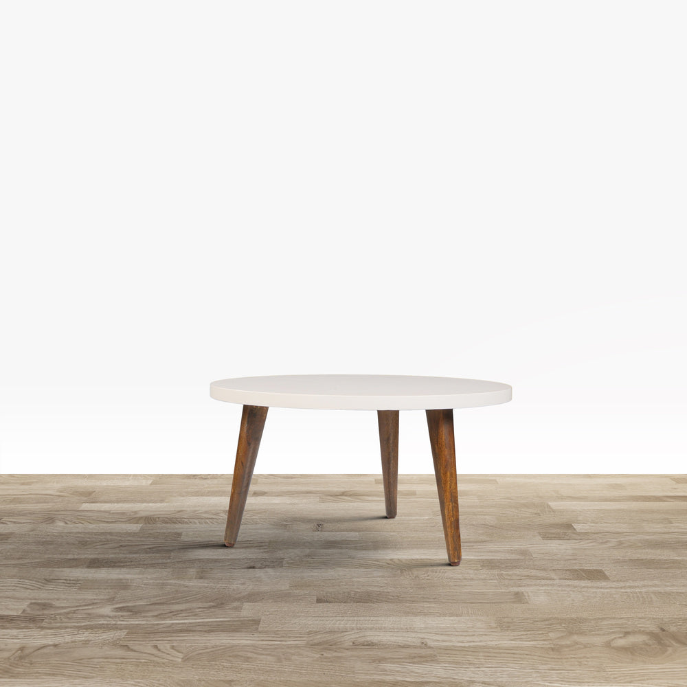 24" Modern Coffee Table, Round Off White MDF Top, Tapered Brown Mango Wood Legs By The Urban Port