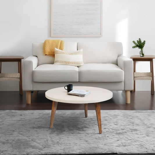 24" Modern Coffee Table, Round Off White MDF Top, Tapered Brown Mango Wood Legs By The Urban Port