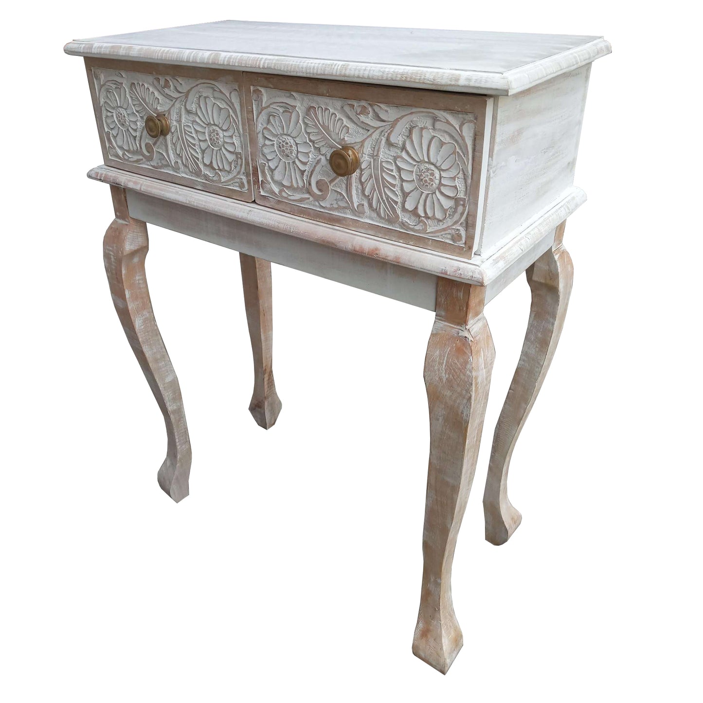 2 Drawer Mango Wood Console Table with Floral Carved Front, Brown and White By The Urban Port