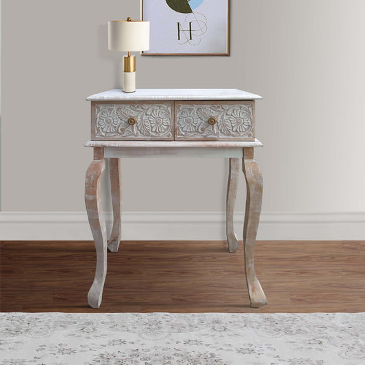 2 Drawer Mango Wood Console Table with Floral Carved Front, Brown and White By The Urban Port