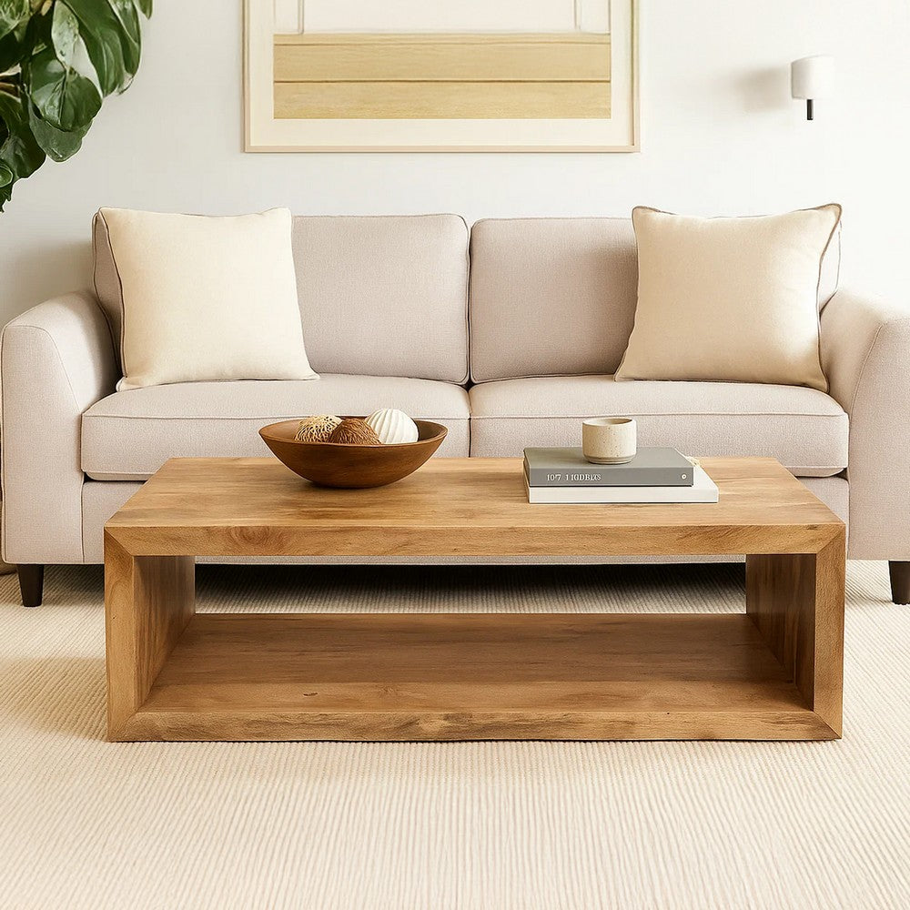 Keli 58 Inch Mango Wood Coffee Table, Open Cube, 1 Shelf, Natural Brown By The Urban Port