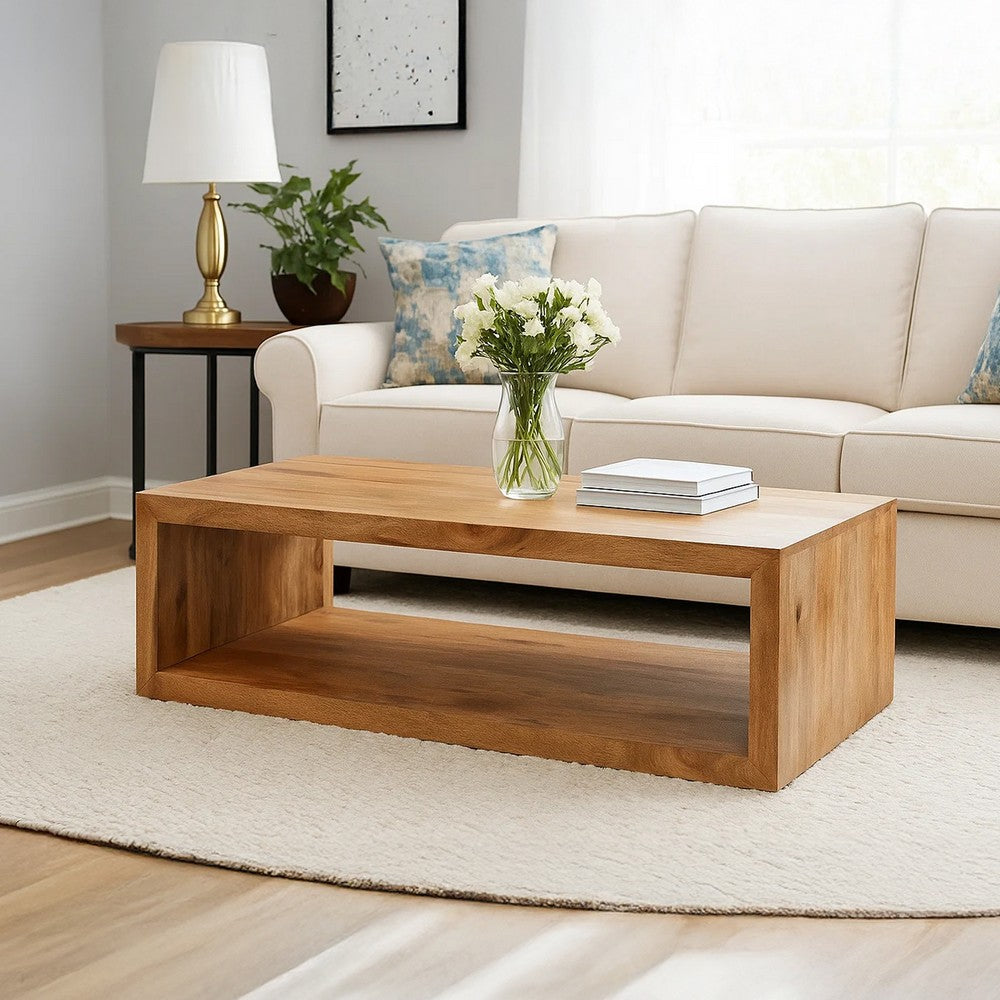 Keli 58 Inch Mango Wood Coffee Table, Open Cube, 1 Shelf, Natural Brown By The Urban Port