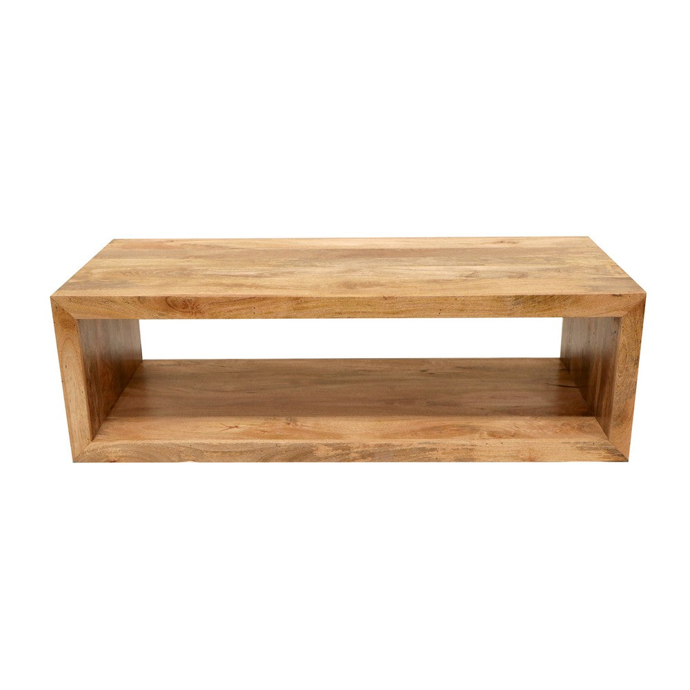 Keli 58 Inch Mango Wood Coffee Table, Open Cube, 1 Shelf, Natural Brown By The Urban Port