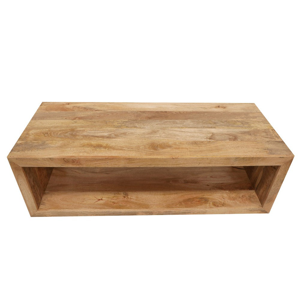 Keli 58 Inch Mango Wood Coffee Table, Open Cube, 1 Shelf, Natural Brown By The Urban Port