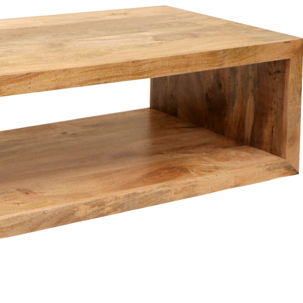 Keli 58 Inch Mango Wood Coffee Table, Open Cube, 1 Shelf, Natural Brown By The Urban Port