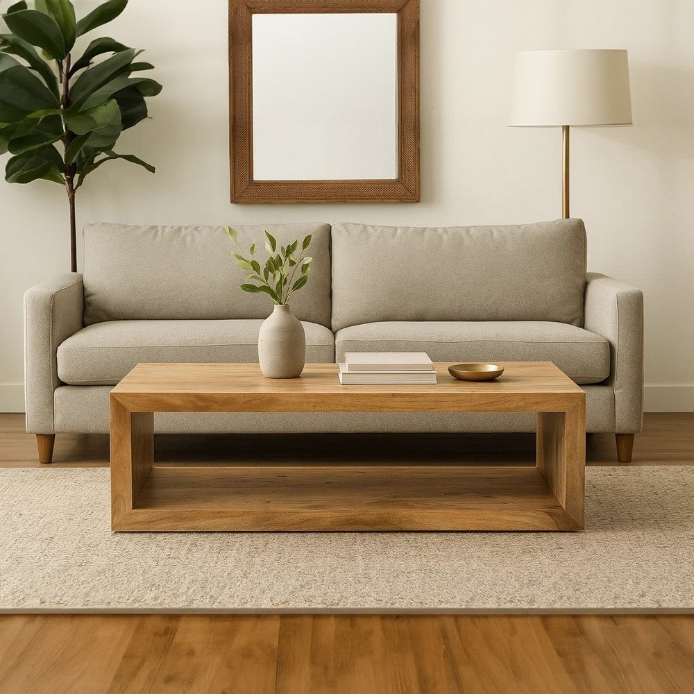 Keli 58 Inch Mango Wood Coffee Table, Open Cube, 1 Shelf, Natural Brown By The Urban Port