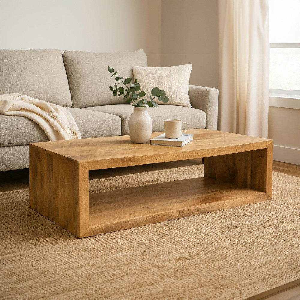 Keli 58 Inch Mango Wood Coffee Table, Open Cube, 1 Shelf, Natural Brown By The Urban Port