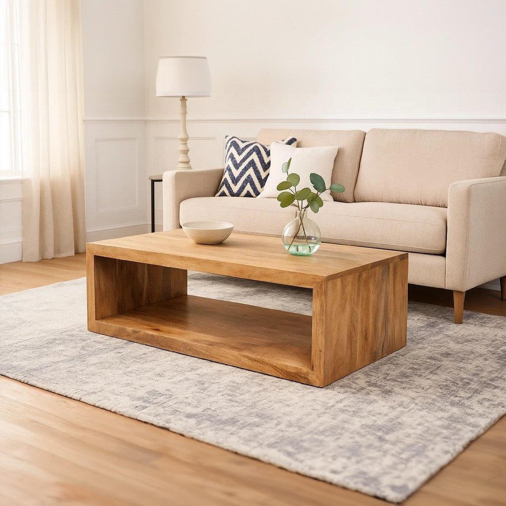 Keli 58 Inch Mango Wood Coffee Table, Open Cube, 1 Shelf, Natural Brown By The Urban Port