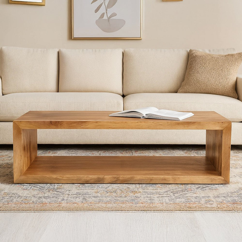 Keli 58 Inch Mango Wood Coffee Table, Open Cube, 1 Shelf, Natural Brown By The Urban Port
