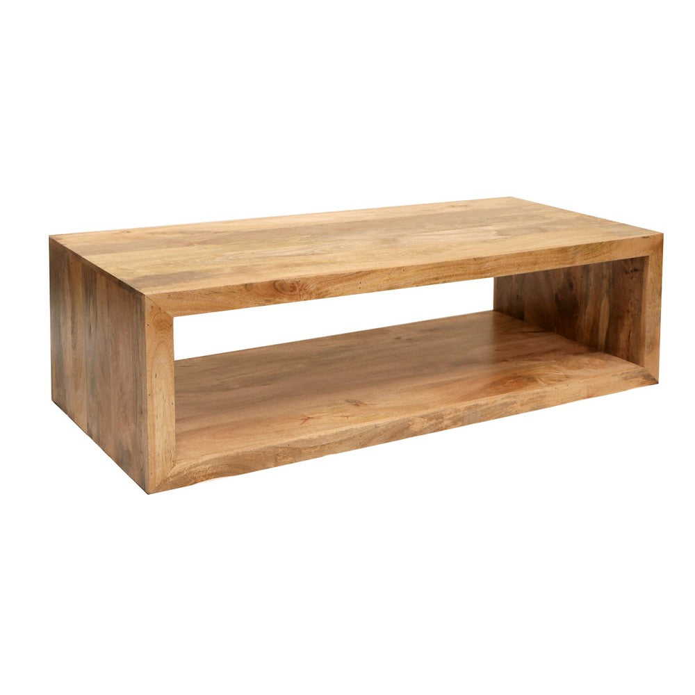 Keli 58 Inch Mango Wood Coffee Table, Open Cube, 1 Shelf, Natural Brown By The Urban Port