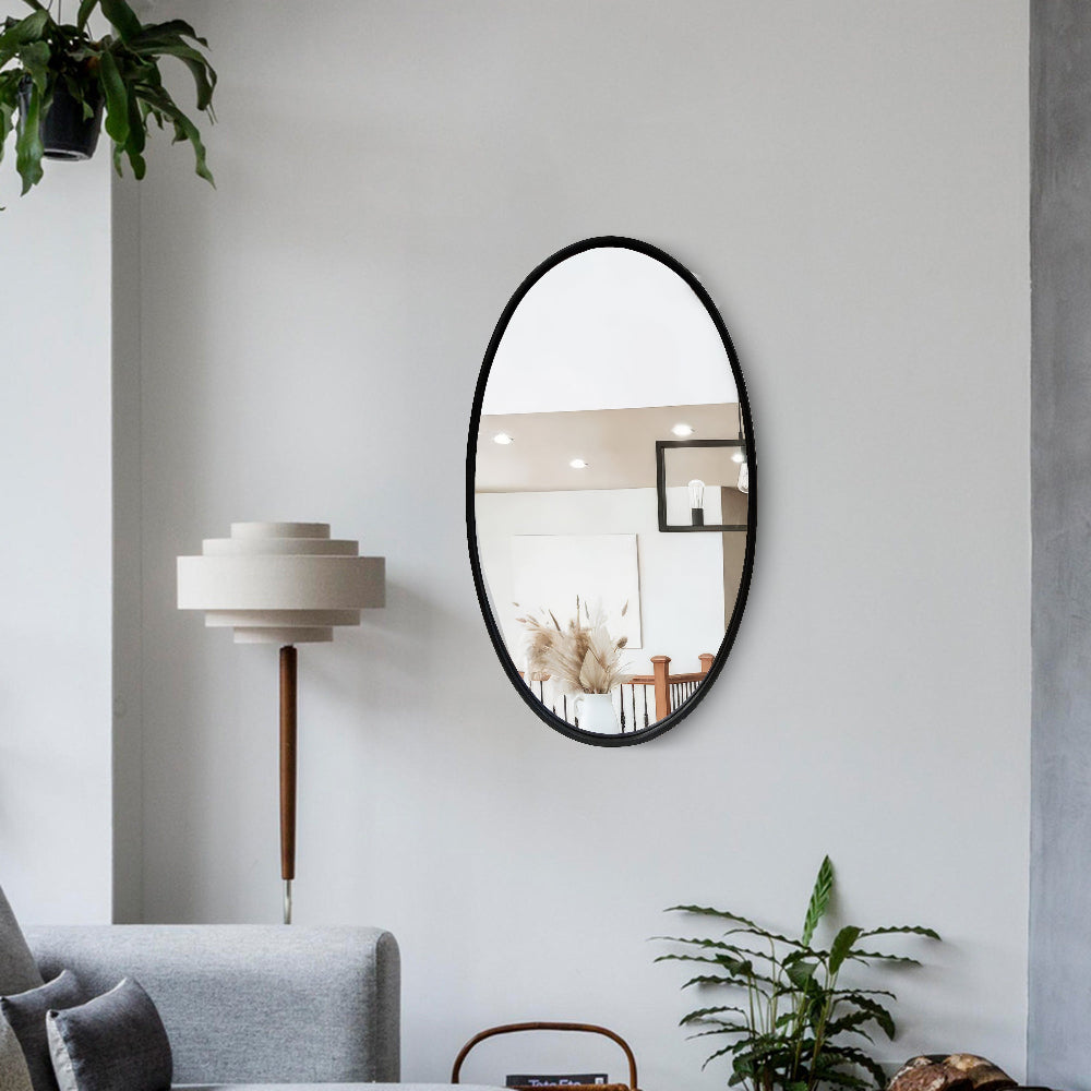 Oval Metal Wall Mirror with Framed Edges and Wooden Backing, Black By The Urban Port