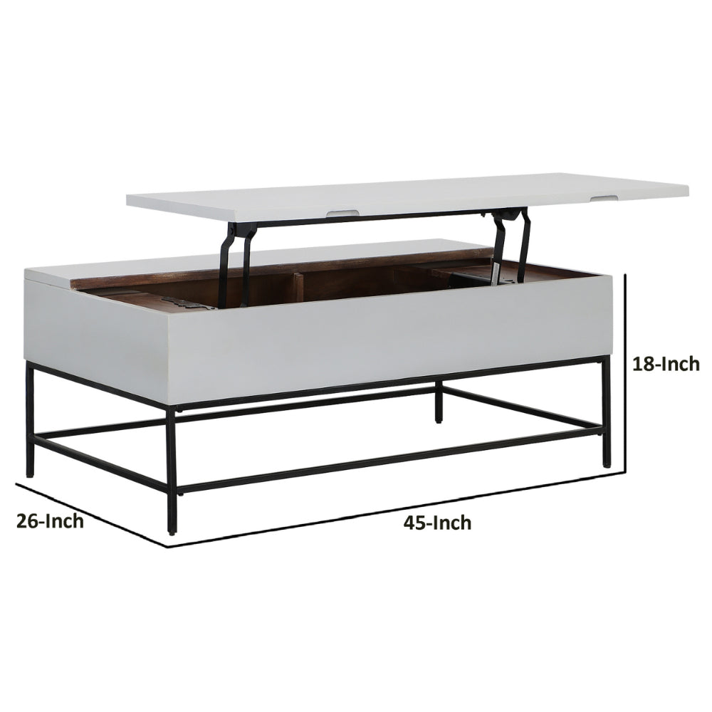 45 Inch Rectangular Mango Wood Coffee Table, Lift Top Storage, Iron Frame, White, Black - UPT-229062
