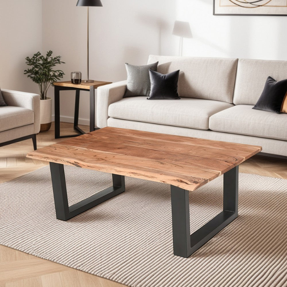 45 Inch Acacia Wood Rectangular Coffee Table, Live Edge Details, Black Powder Coated Metal Sled Base, Natural Brown By The Urban Port