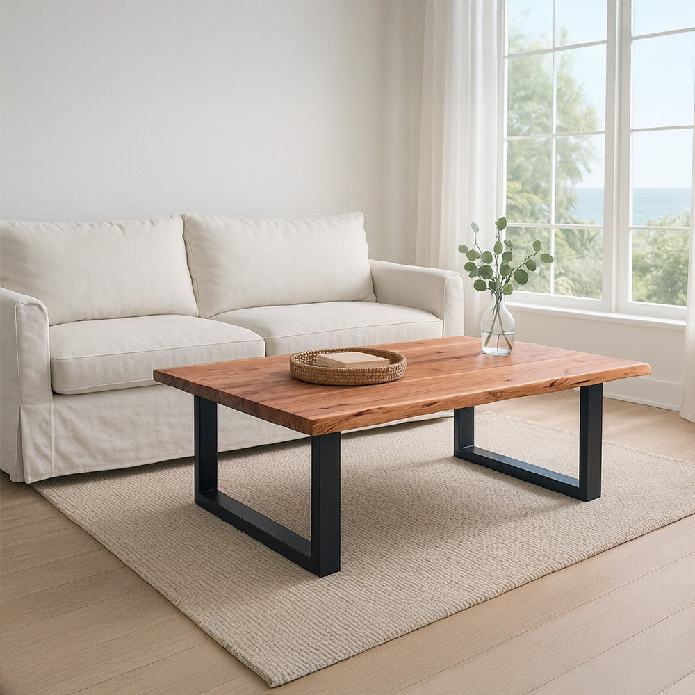45 Inch Acacia Wood Rectangular Coffee Table, Live Edge Details, Black Powder Coated Metal Sled Base, Natural Brown By The Urban Port