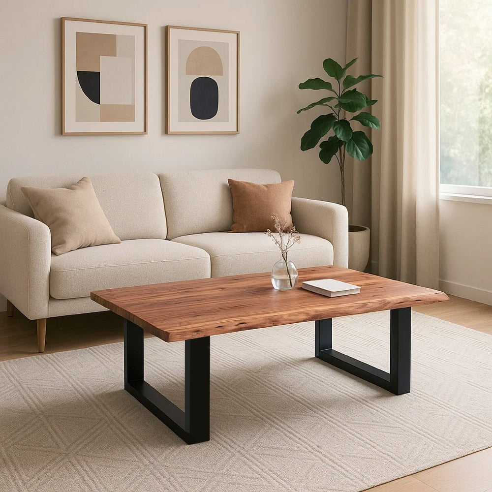 45 Inch Acacia Wood Rectangular Coffee Table, Live Edge Details, Black Powder Coated Metal Sled Base, Natural Brown By The Urban Port