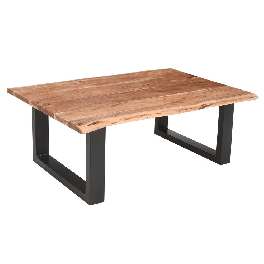 45 Inch Acacia Wood Rectangular Coffee Table, Live Edge Details, Black Powder Coated Metal Sled Base, Natural Brown By The Urban Port