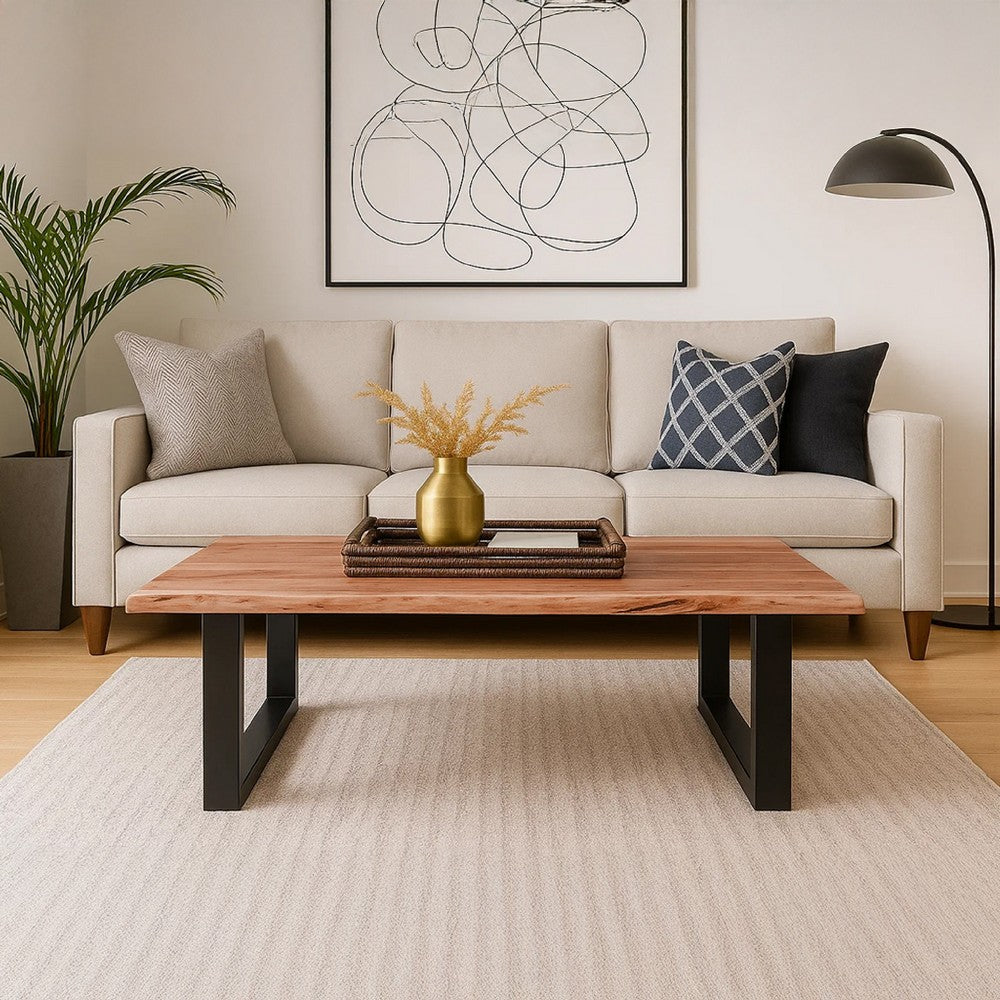 45 Inch Acacia Wood Rectangular Coffee Table, Live Edge Details, Black Powder Coated Metal Sled Base, Natural Brown By The Urban Port