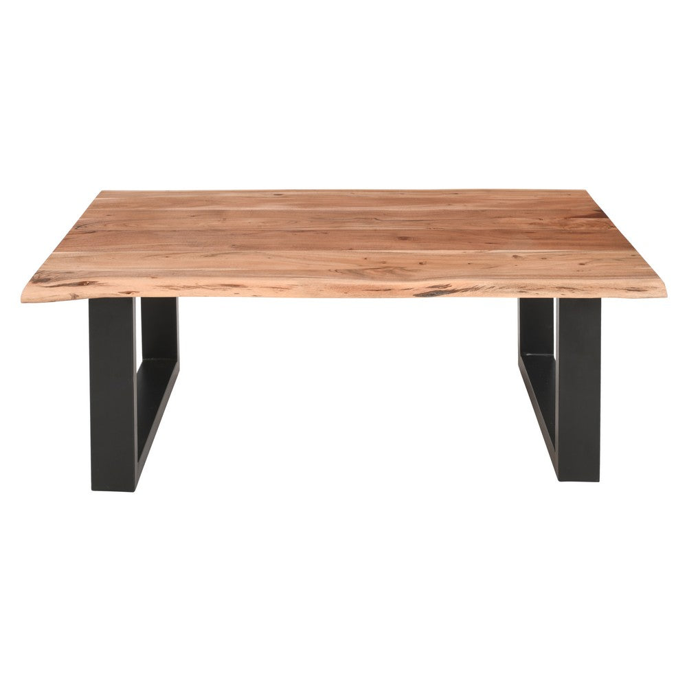 45 Inch Acacia Wood Rectangular Coffee Table, Live Edge Details, Black Powder Coated Metal Sled Base, Natural Brown By The Urban Port