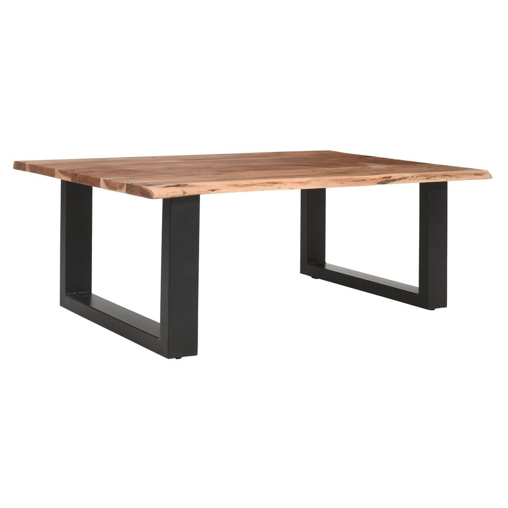 45 Inch Acacia Wood Rectangular Coffee Table, Live Edge Details, Black Powder Coated Metal Sled Base, Natural Brown By The Urban Port