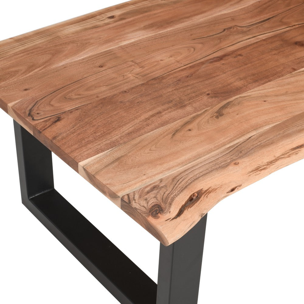 45 Inch Acacia Wood Rectangular Coffee Table, Live Edge Details, Black Powder Coated Metal Sled Base, Natural Brown By The Urban Port