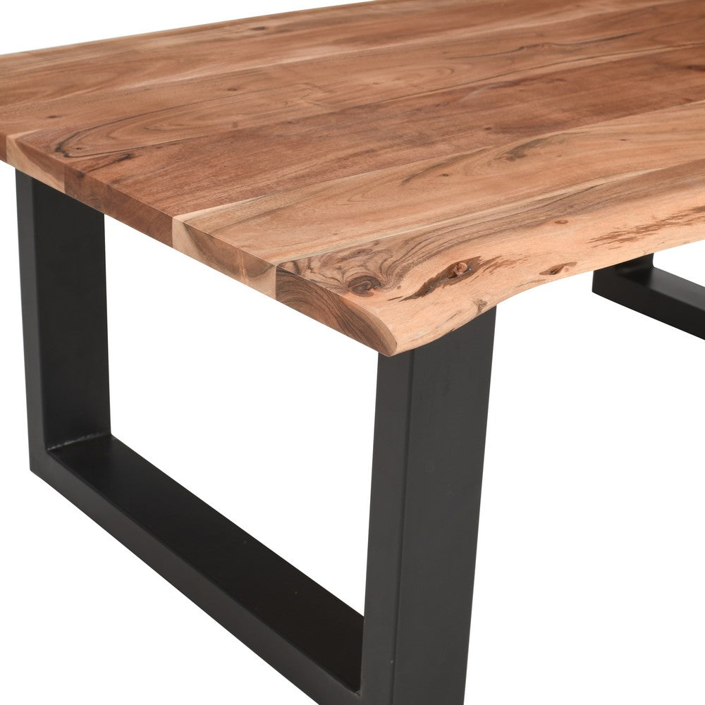 45 Inch Acacia Wood Rectangular Coffee Table, Live Edge Details, Black Powder Coated Metal Sled Base, Natural Brown By The Urban Port
