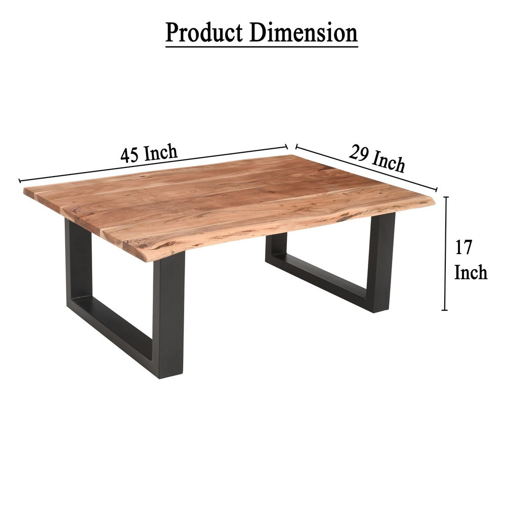 45 Inch Acacia Wood Rectangular Coffee Table, Live Edge Details, Black Powder Coated Metal Sled Base, Natural Brown By The Urban Port