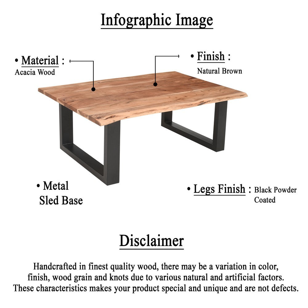 45 Inch Acacia Wood Rectangular Coffee Table, Live Edge Details, Black Powder Coated Metal Sled Base, Natural Brown By The Urban Port