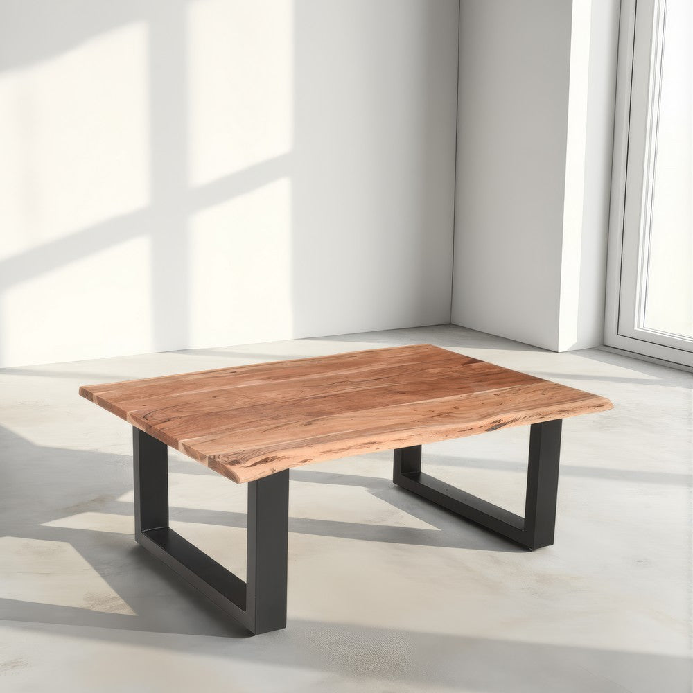 45 Inch Acacia Wood Rectangular Coffee Table, Live Edge Details, Black Powder Coated Metal Sled Base, Natural Brown By The Urban Port
