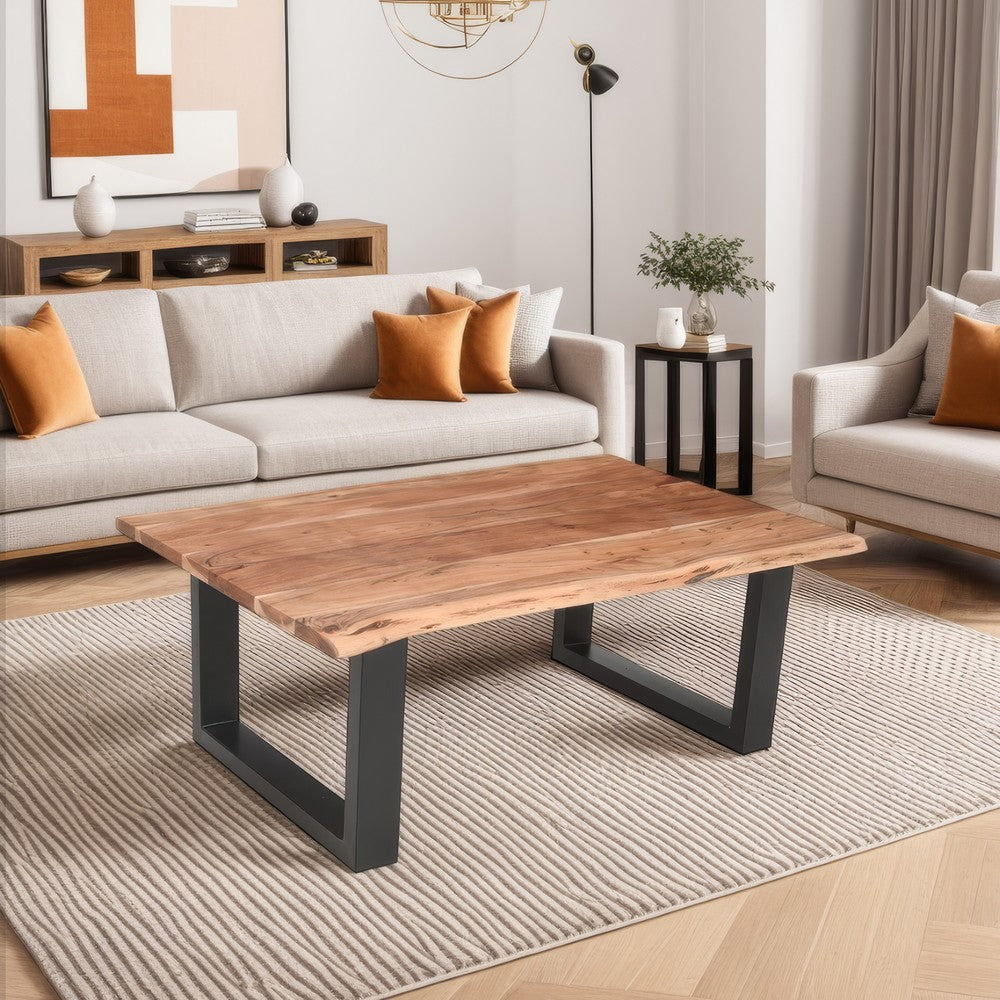 45 Inch Acacia Wood Rectangular Coffee Table, Live Edge Details, Black Powder Coated Metal Sled Base, Natural Brown By The Urban Port