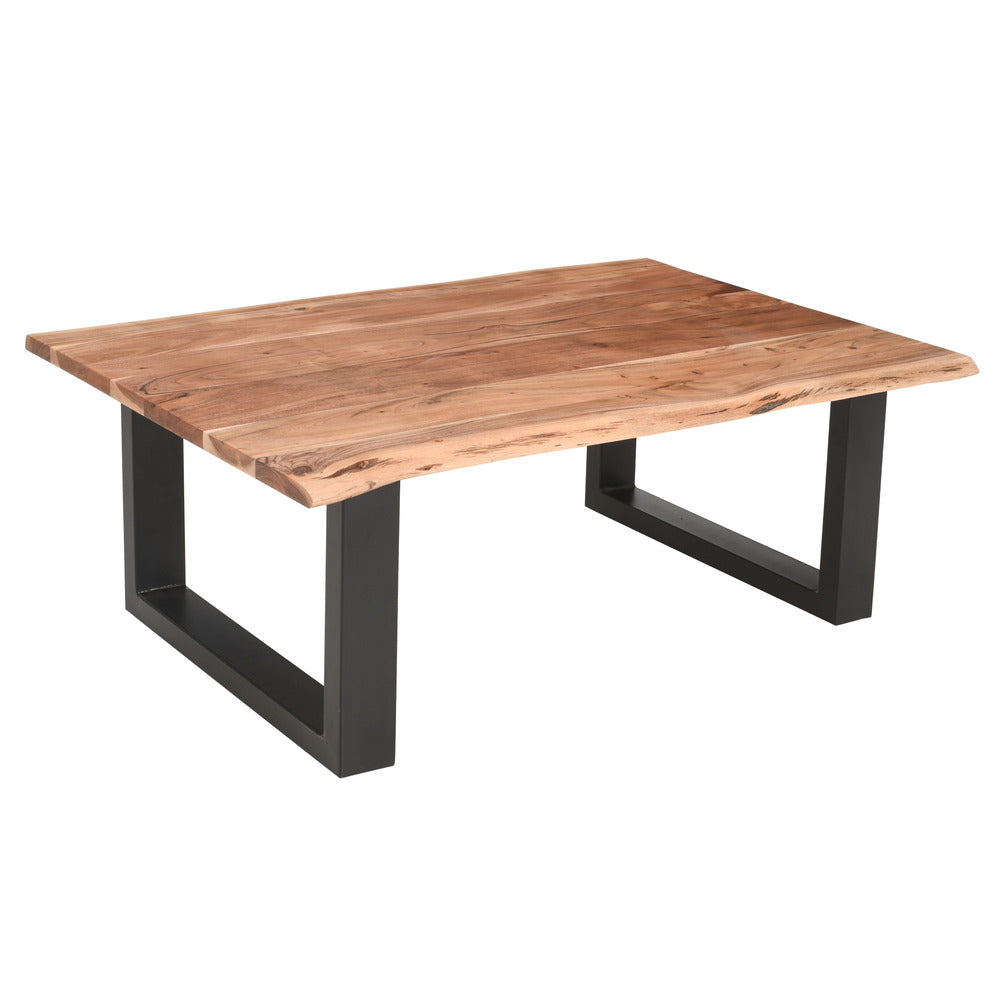 45 Inch Acacia Farmhouse Coffee Table Live Edges Metal Sled Base Brown and Black By The Urban Port UPT-231740