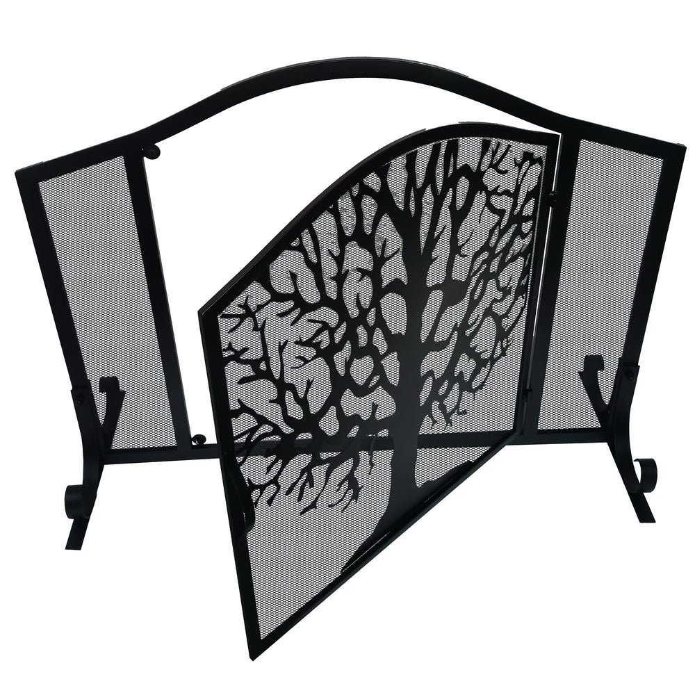 43 Inches 3 Panel Iron Fireplace Screen Mesh Design Arched Top Tree of Life Art Black By The Urban Port UPT-232047
