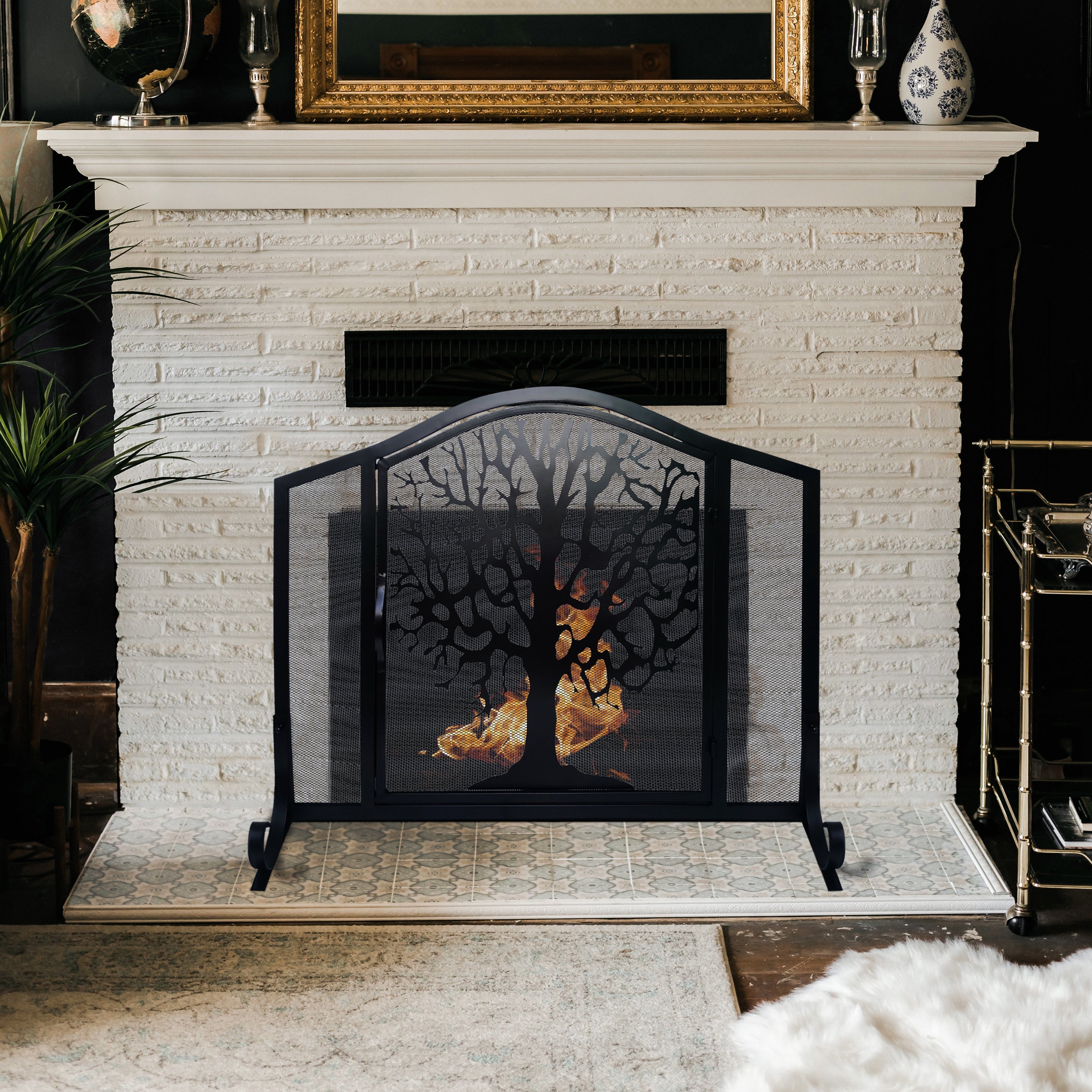 43 Inches 3 Panel Iron Fireplace Screen, Mesh Design, Arched Top, Tree of Life Art, Black By The Urban Port