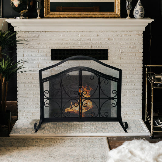 43 Inches 2 Door Iron Fireplace Screen, Mesh Design, Scrollwork, Black By The Urban Port