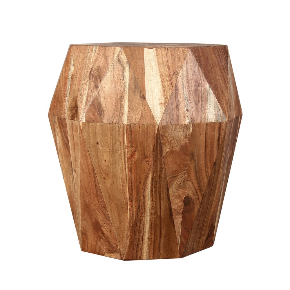 Bon 22 Inch Artisanal End Side Table Multifaceted Solid Acacia Wood Octagon Top Natural Brown By The Urban Port UPT-238449