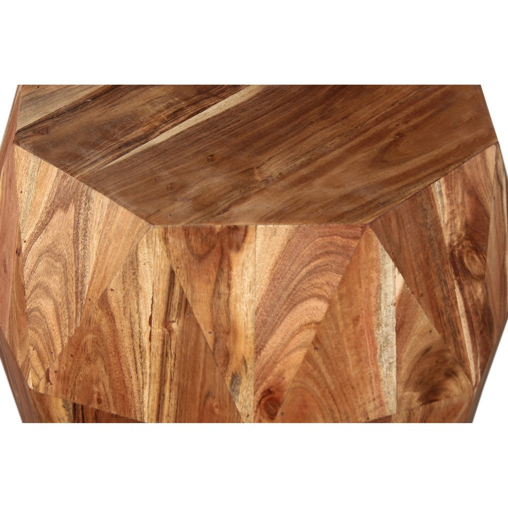 Bon 22 Inch Artisanal End Side Table Multifaceted Solid Acacia Wood Octagon Top Natural Brown By The Urban Port UPT-238449