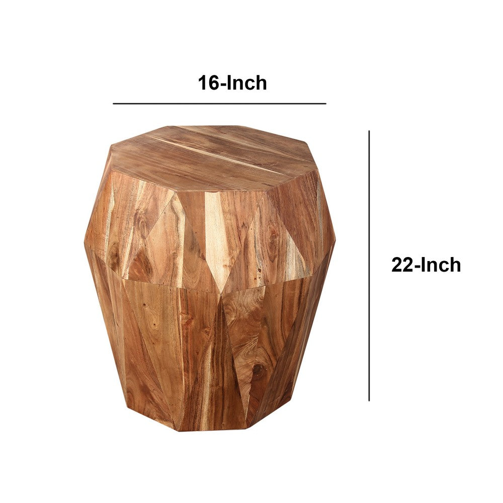 Bon 22 Inch Artisanal End Side Table Multifaceted Solid Acacia Wood Octagon Top Natural Brown By The Urban Port UPT-238449